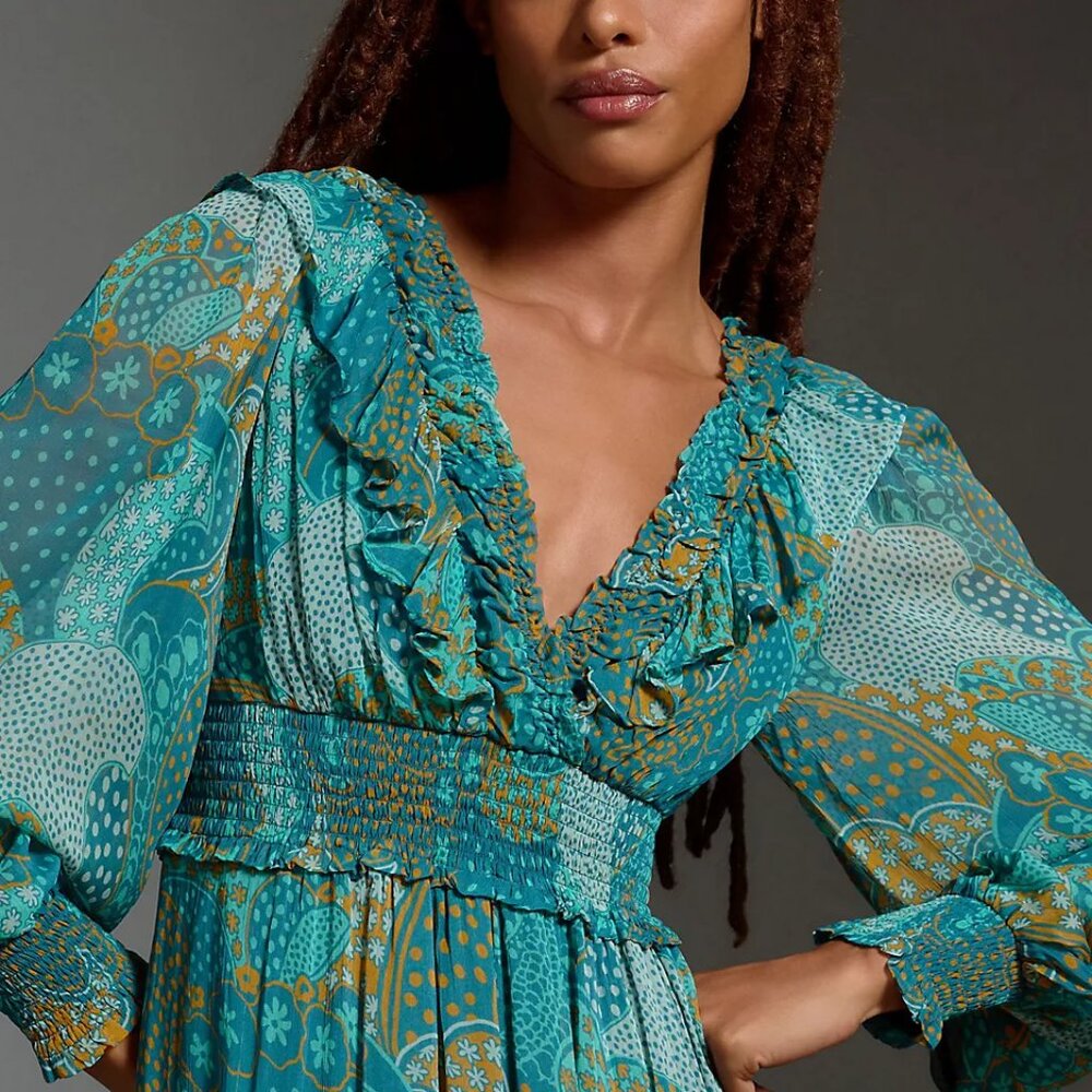 Anthropologie Teal & Mustard Floral Maxi Dress